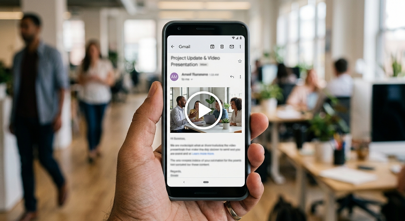 Smartphone showing an email with a clickable video thumbnail and play button for video email marketing Smartphone showing an email with a clickable video thumbnail and play button for video email marketing
