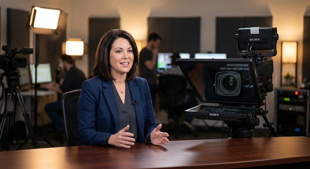 Executive looking into a camera lens with a teleprompter rig, showing how to use a teleprompter in a studio