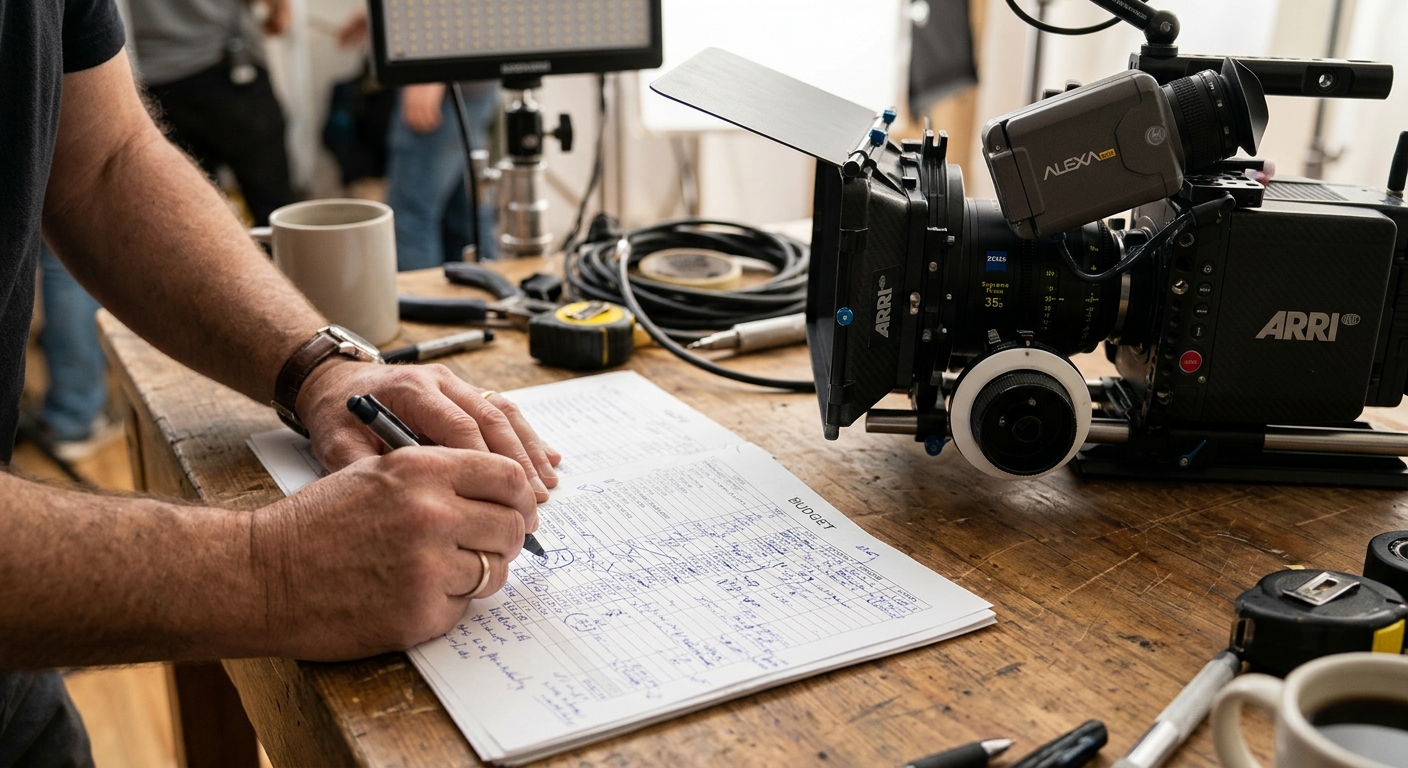 Producer reviewing an itemized video production quote beside camera gear Producer reviewing an itemized video production quote beside camera gear