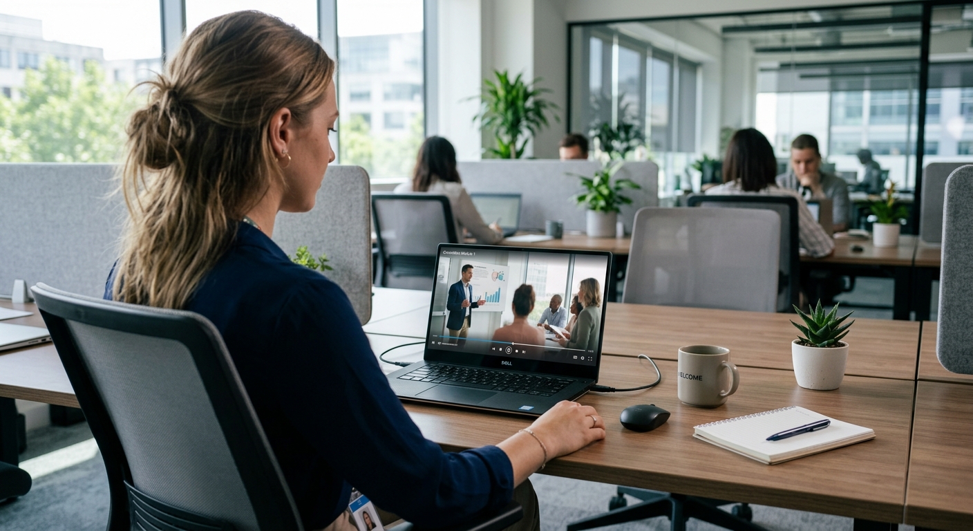 New hire watching an onboarding video on a laptop on their first day New hire watching an onboarding video on a laptop on their first day