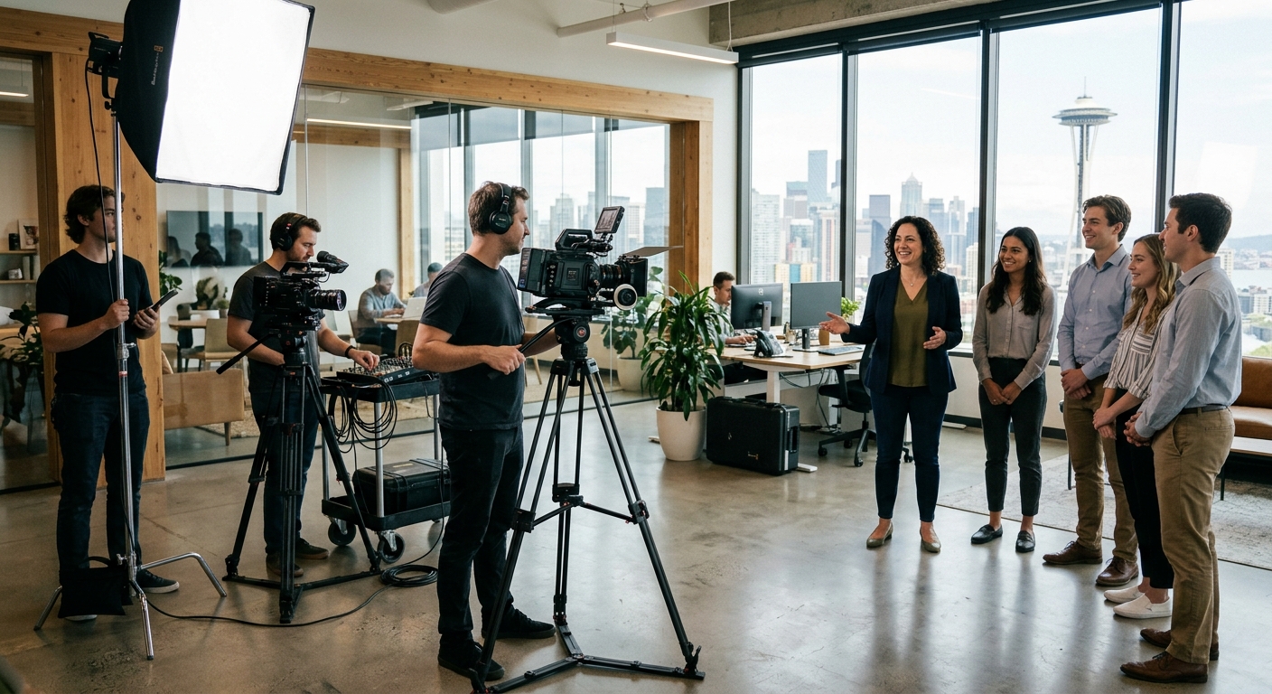 Video crew filming a welcome message for an onboarding video in a Seattle office