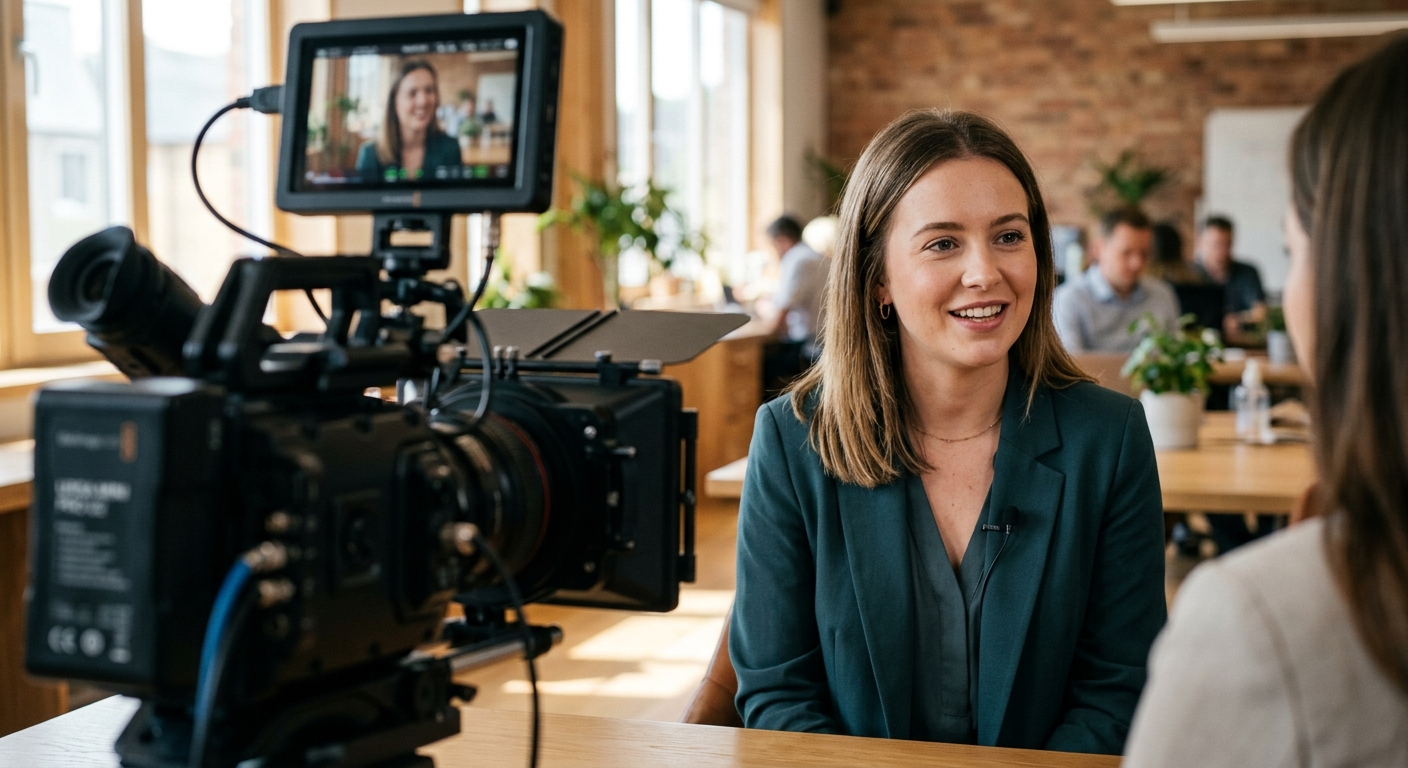 Employee interviewed on camera for a team-introduction onboarding video Employee interviewed on camera for a team-introduction onboarding video