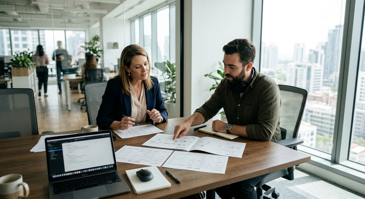 Business owner and producer reviewing questions to ask a video production company at a meeting table