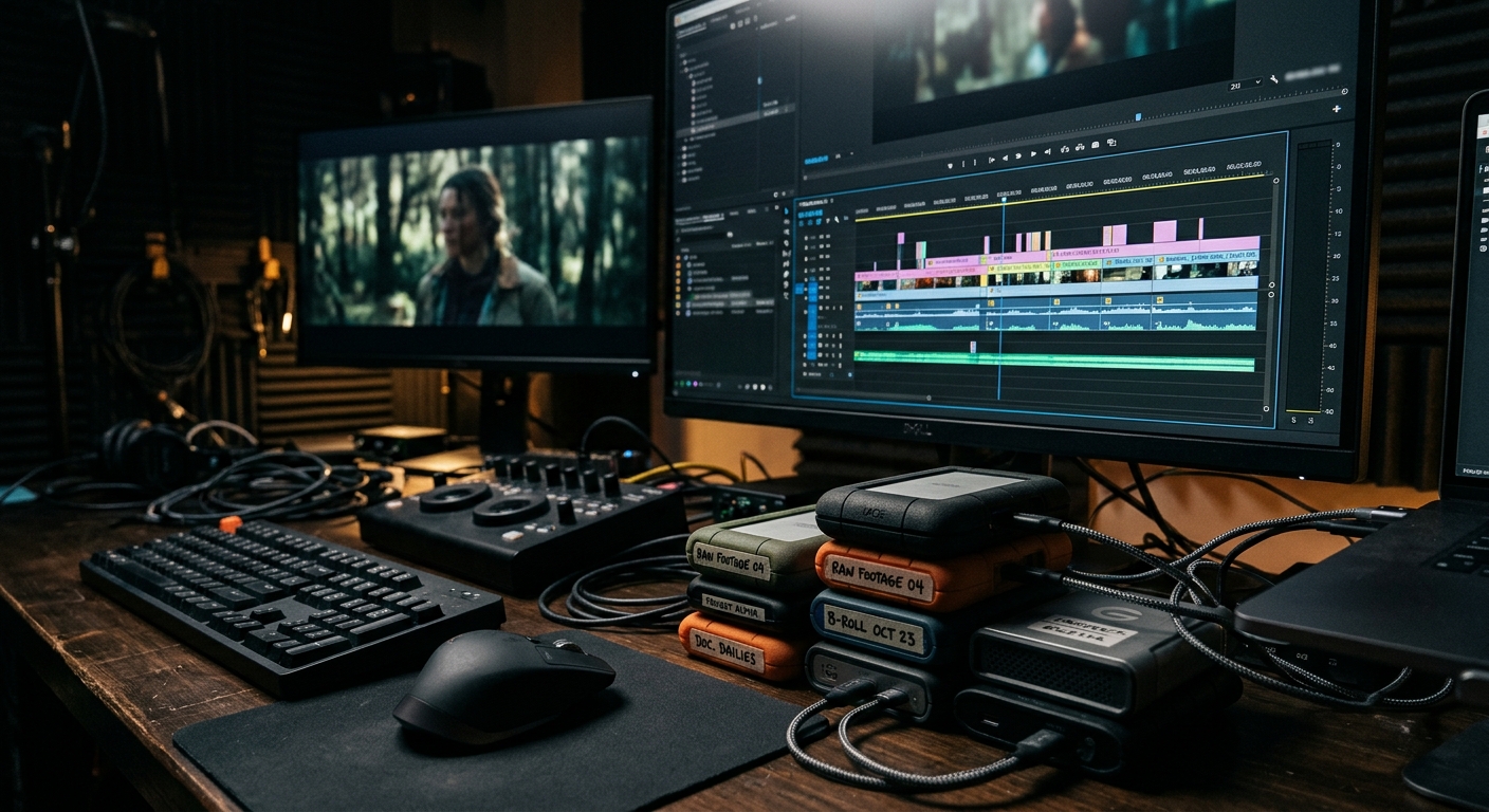 Editing timeline and drives of raw footage illustrating who owns raw video footage and project files Editing timeline and drives of raw footage illustrating who owns raw video footage and project files