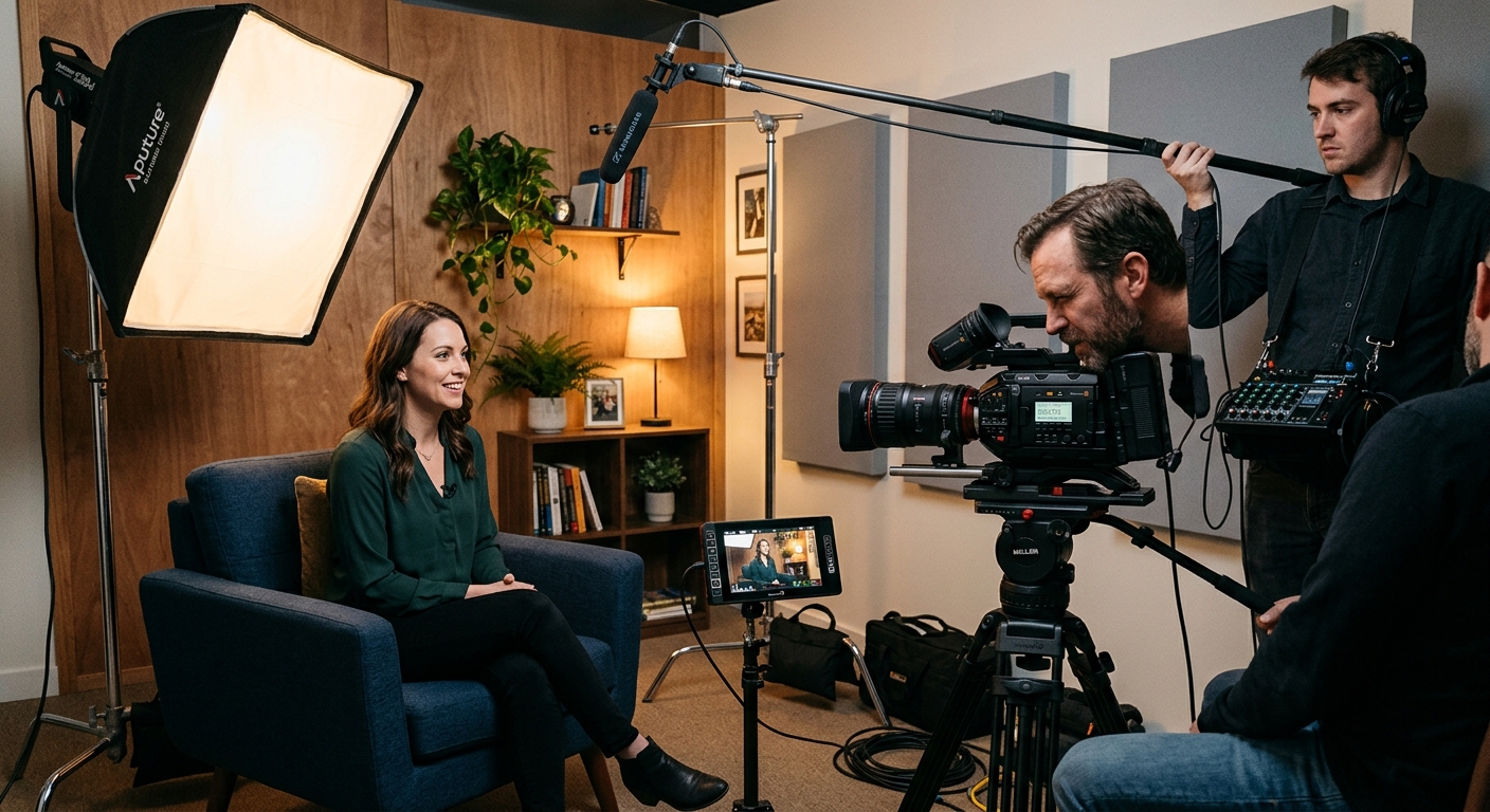Video crew shooting a short customer testimonial for use in video email marketing Video crew shooting a short customer testimonial for use in video email marketing