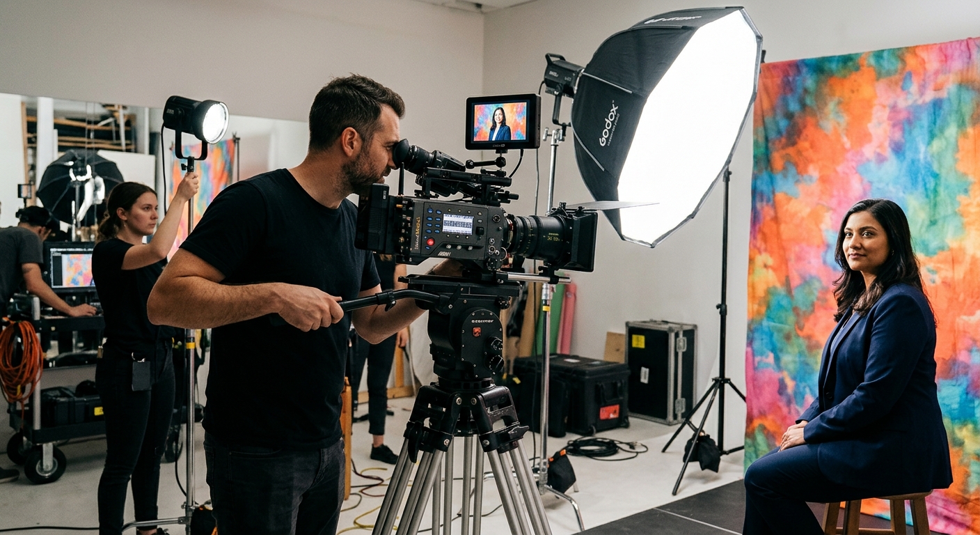 Crew shooting a portrait still for a YouTube thumbnail on a video production set Crew shooting a portrait still for a YouTube thumbnail on a video production set