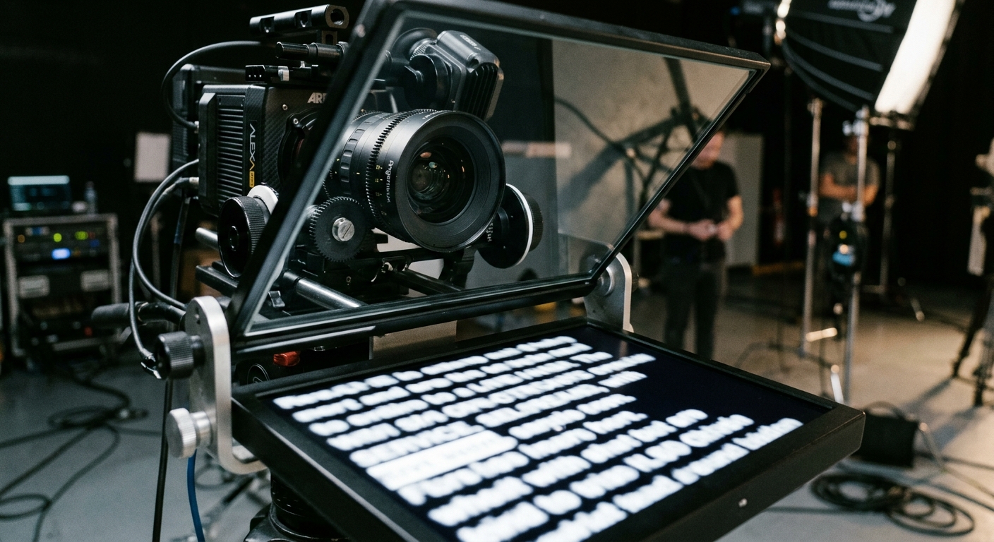 Teleprompter screen mounted below a cinema camera lens with large text for scroll speed and font size setup Teleprompter screen mounted below a cinema camera lens with large text for scroll speed and font size setup
