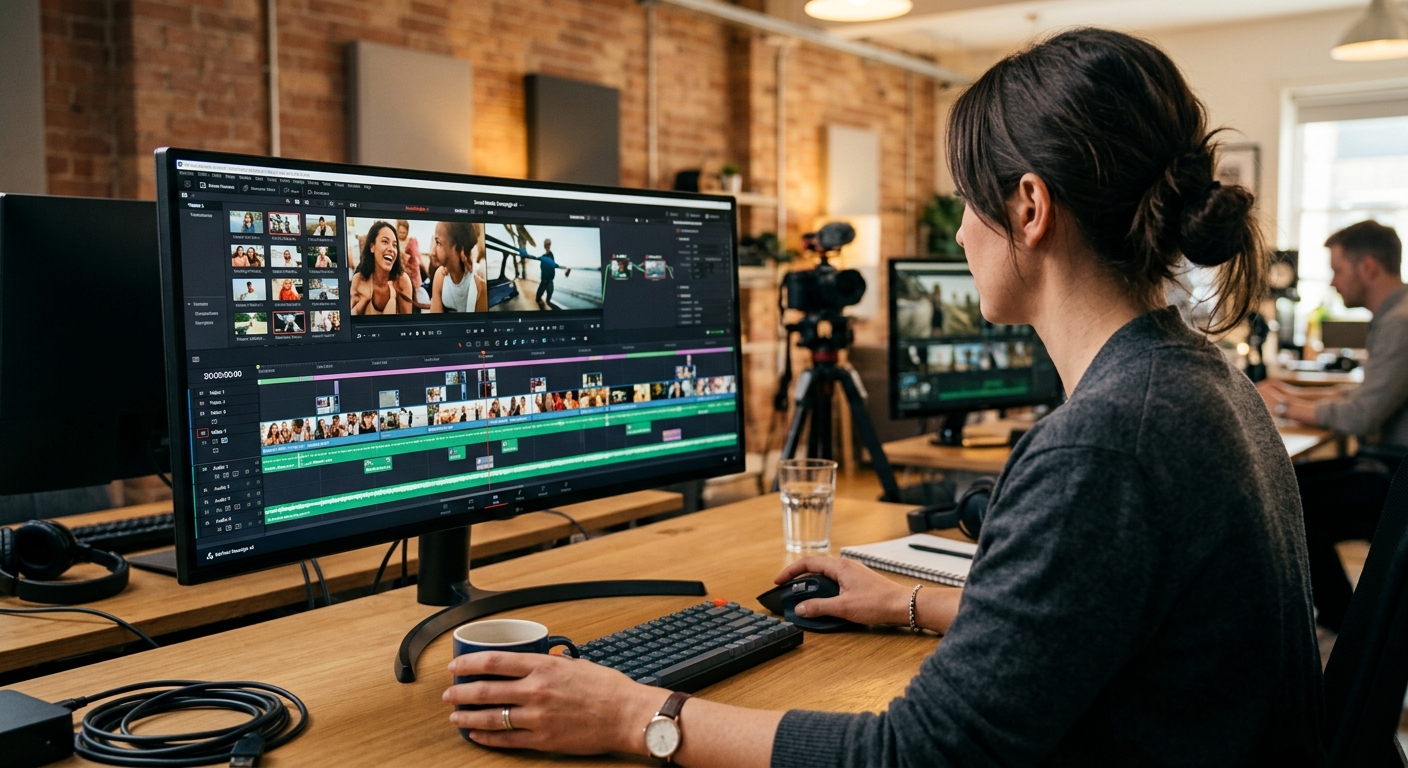 Marketer planning short top-of-funnel videos on an editing timeline Marketer planning short top-of-funnel videos on an editing timeline