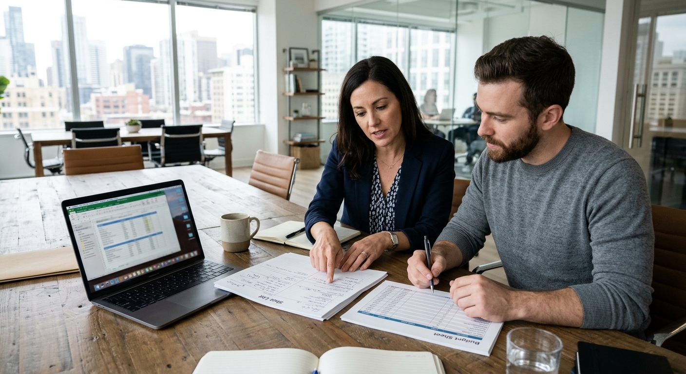 Producer and business owner reviewing a training video budget and shot list Producer and business owner reviewing a training video budget and shot list
