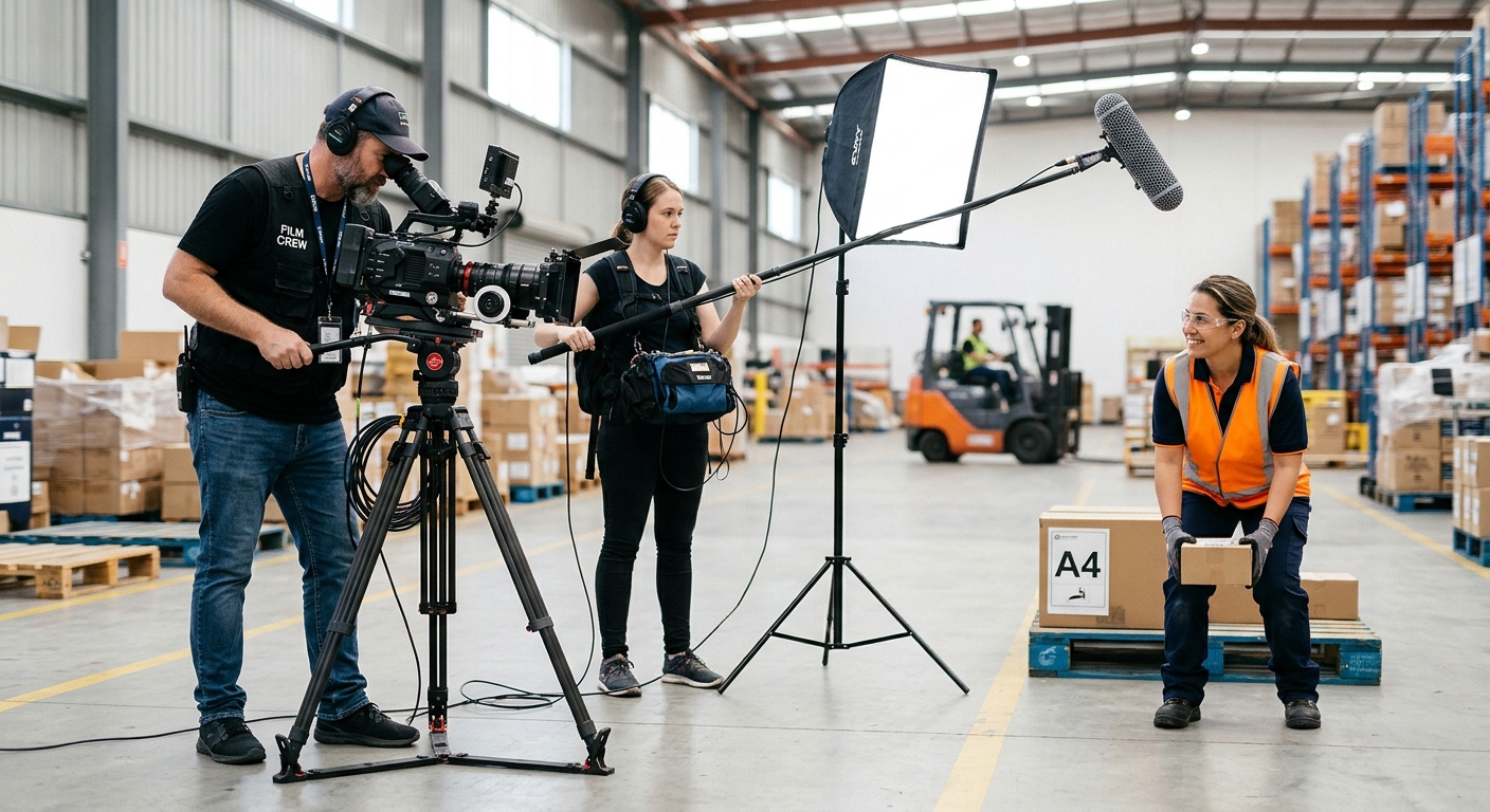 Video crew filming an employee for a corporate training video, showing typical training video cost drivers