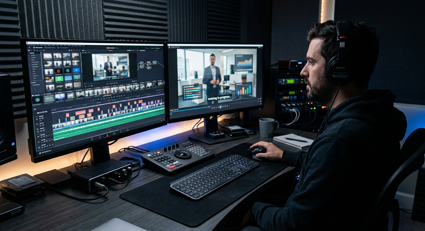Editor in post-production finishing a training video, the stage that holds hidden training video costs Editor in post-production finishing a training video, the stage that holds hidden training video costs