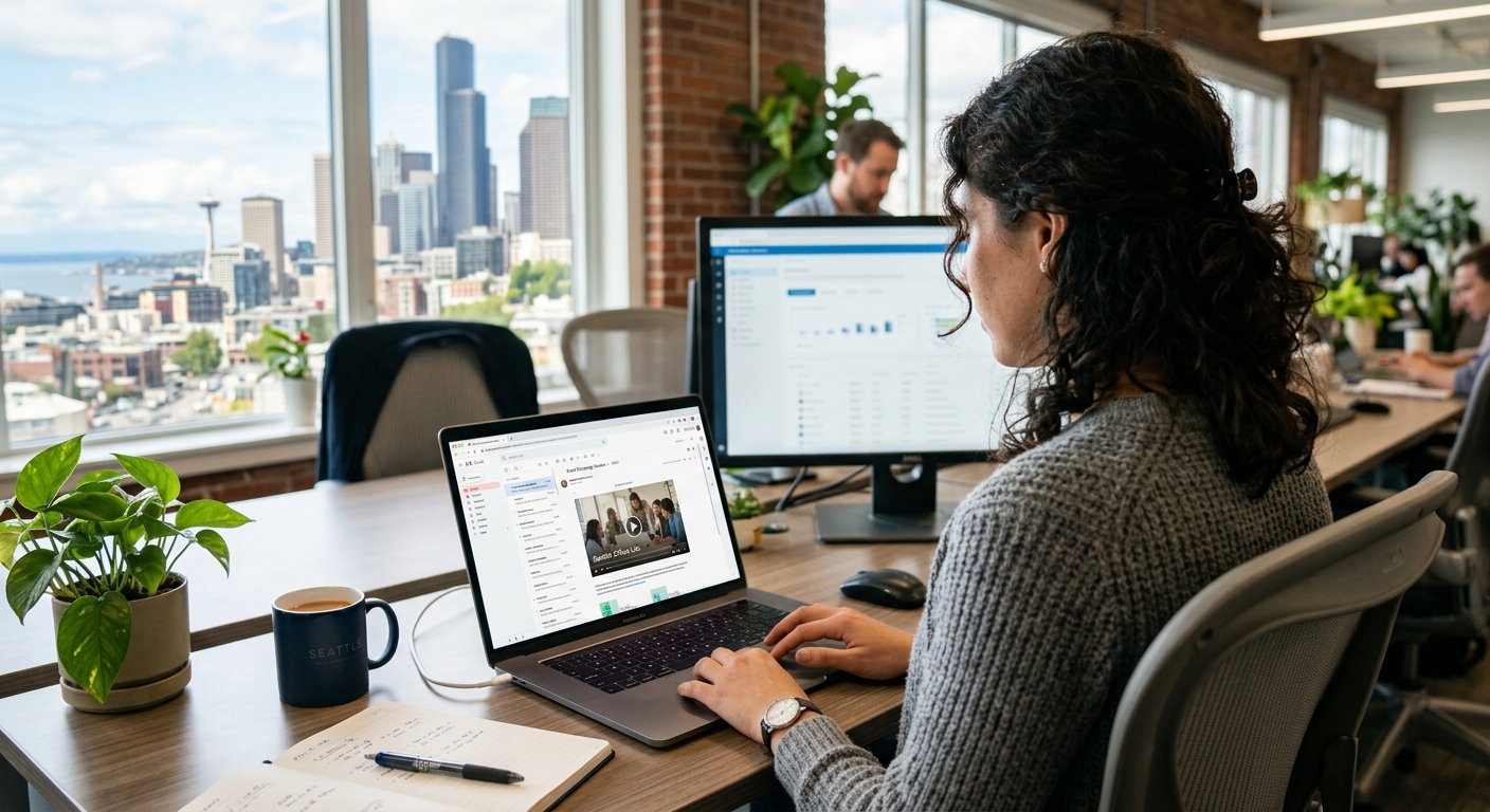 Marketer reviewing a video email marketing campaign with a video thumbnail on a laptop