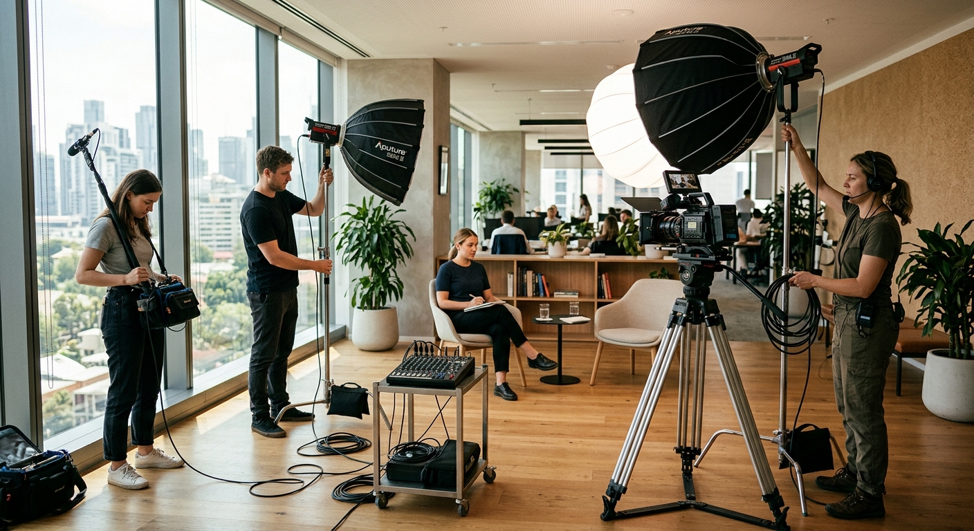 Video production crew setting up an interview shoot for a video marketing funnel
