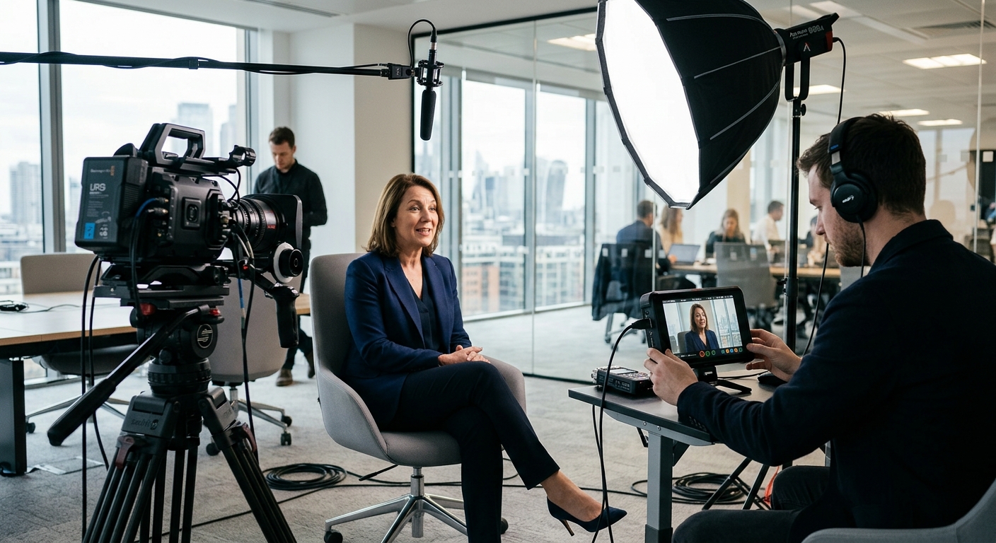 Crew filming a corporate interview during a video production company shoot day Crew filming a corporate interview during a video production company shoot day