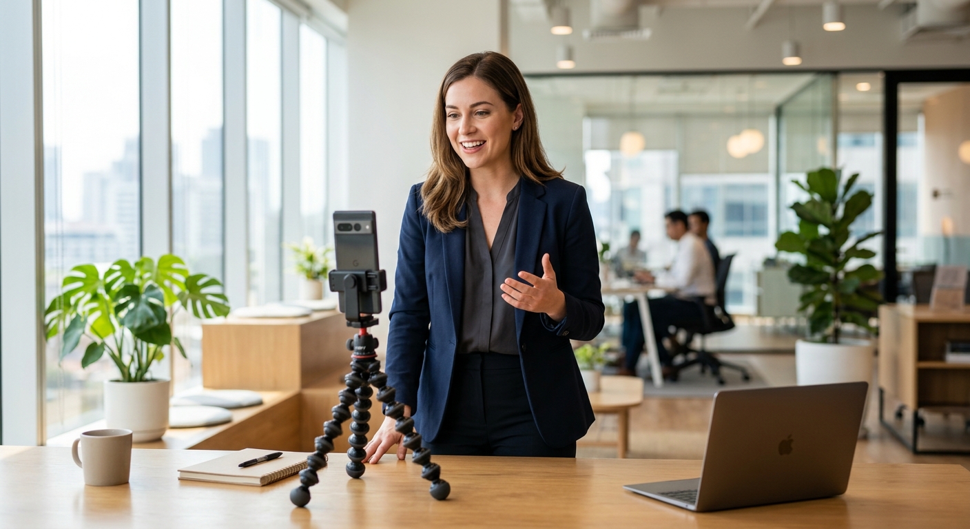 Sales rep recording a personalized video prospecting message on a tripod-mounted smartphone