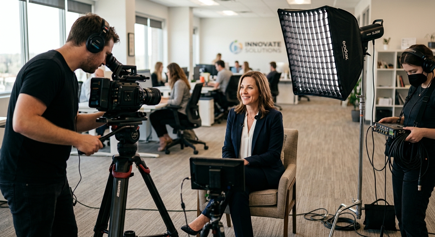 Production crew filming a customer testimonial to support video prospecting outreach Production crew filming a customer testimonial to support video prospecting outreach