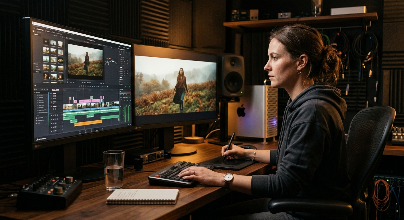 Editor in a post-production suite reviewing a client revision round on a video timeline Editor in a post-production suite reviewing a client revision round on a video timeline