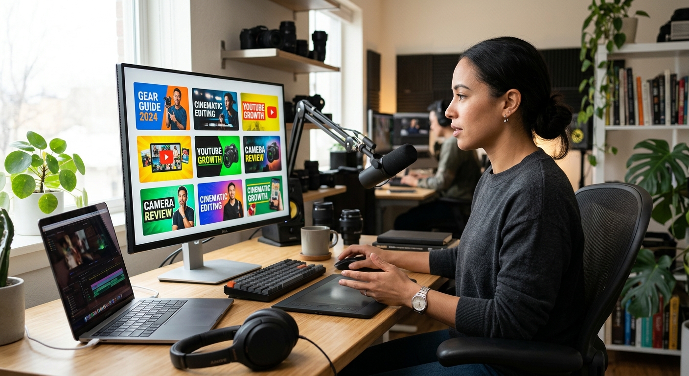 Producer reviewing options for youtube thumbnail best practices on a studio monitor